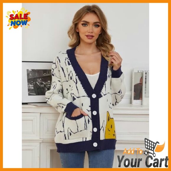Oversized V-Neck Cardigan with Cat Print, Button Front, Pocket - Picture 4 of 8